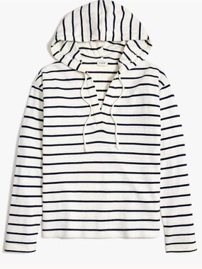 J. Crew White and Navy Striped V-Neck Beach Hoodie Pullover Top, Size Medium.